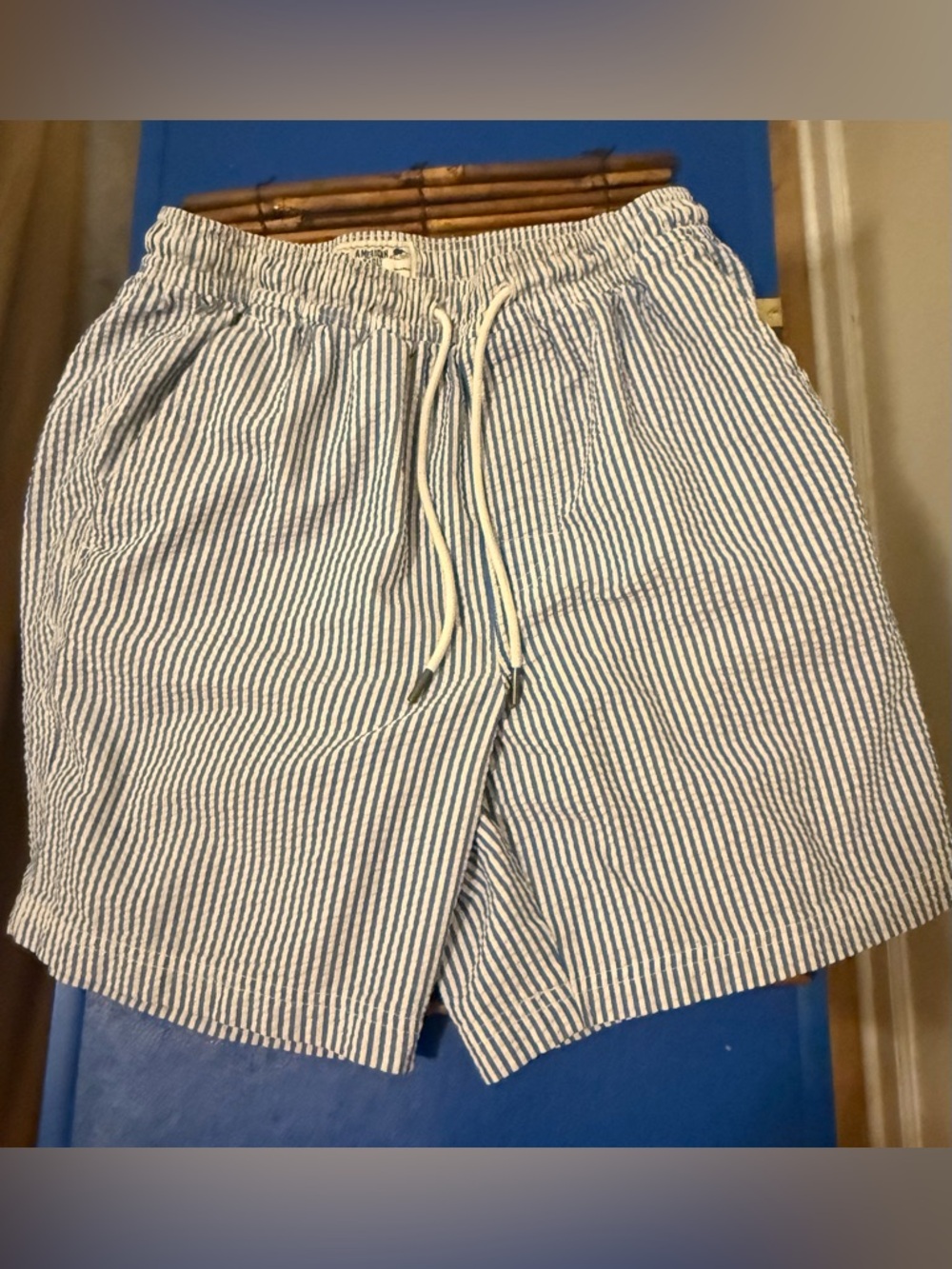 American Eagle Outfitters Blue and White Seersucker Drawstring Swim Shorts
